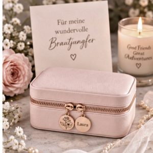 Schmucktasche Personalisierbar mit Geburtsblume, Namen, Schmuckschatulle Rosa Romantisch, Hochzeitsgeschenk, Brautjungfer Geschenkbox, Gift